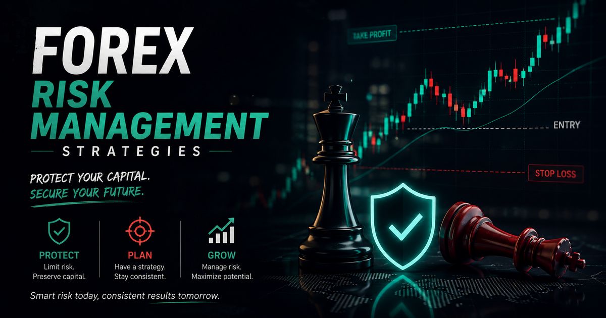 Forex Risk Management Strategies infographic featuring a chess piece, shield icon, and trading charts with Entry, Stop Loss, and Take Profit levels.
