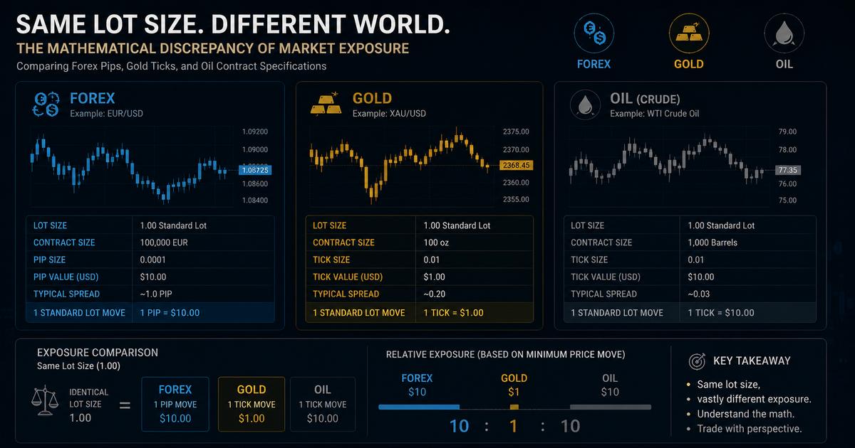 Comparative breakdown of global trading instruments highlighting Forex lot specifications, Gold tick values, and Crude Oil contract sizes