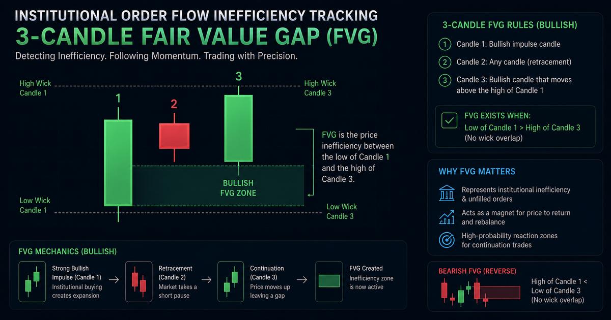 Technical illustration of a 3-candlestick Fair Value Gap configuration outlining the mechanical lack of overlap between the wicks of candle 1 and candle 3.