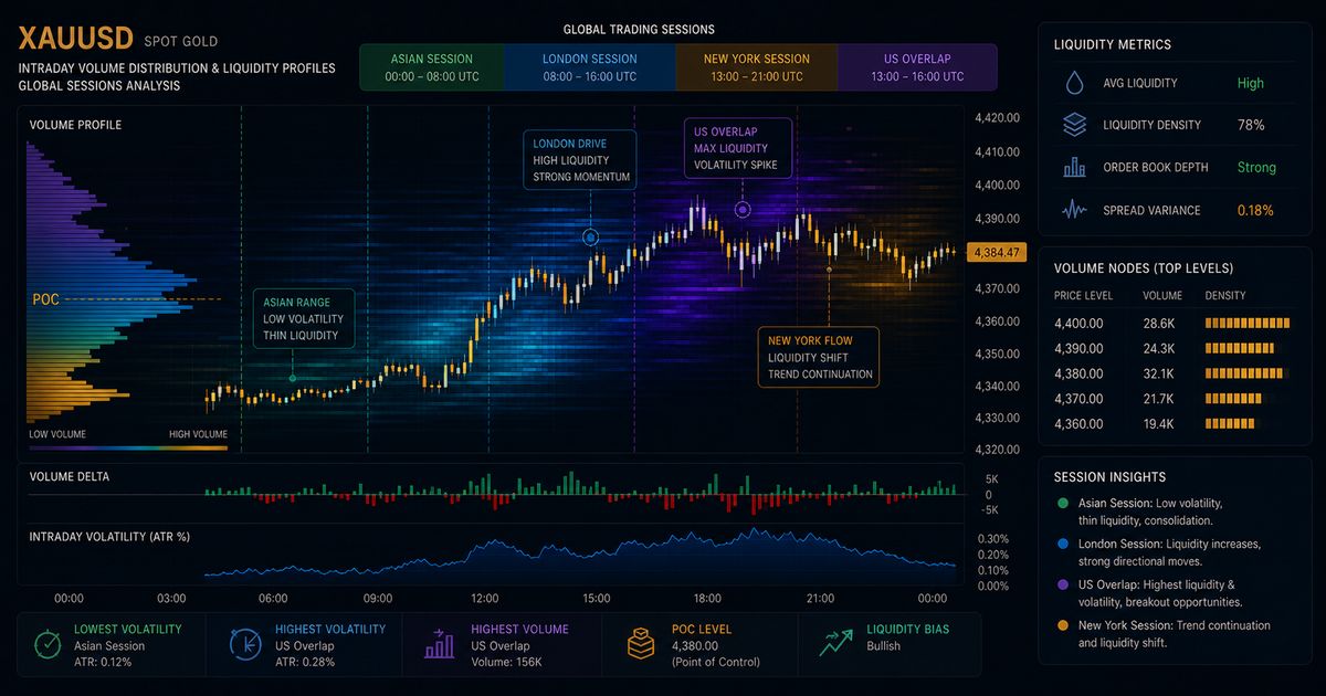 Quantitative intraday chart mapping volume nodes, liquidity density distribution, and volatility metrics across global trading hours.