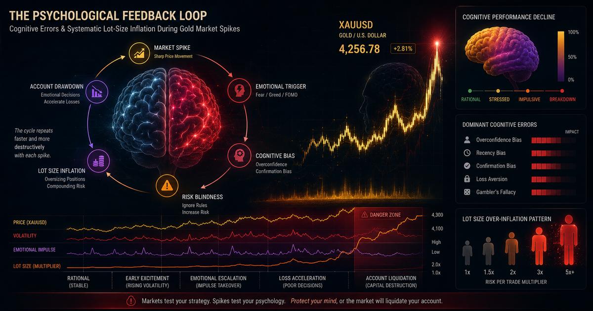 An abstract neurological data map showing cognitive decline, emotional impulses, and lot size over-inflation patterns under severe asset volatility regimes.
