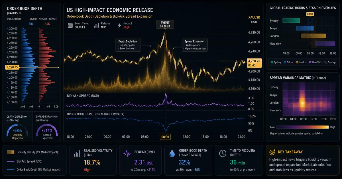 An algorithmic data diagram representing order book thinness, institutional limit order tracking, and price step jumps during US CPI print events.