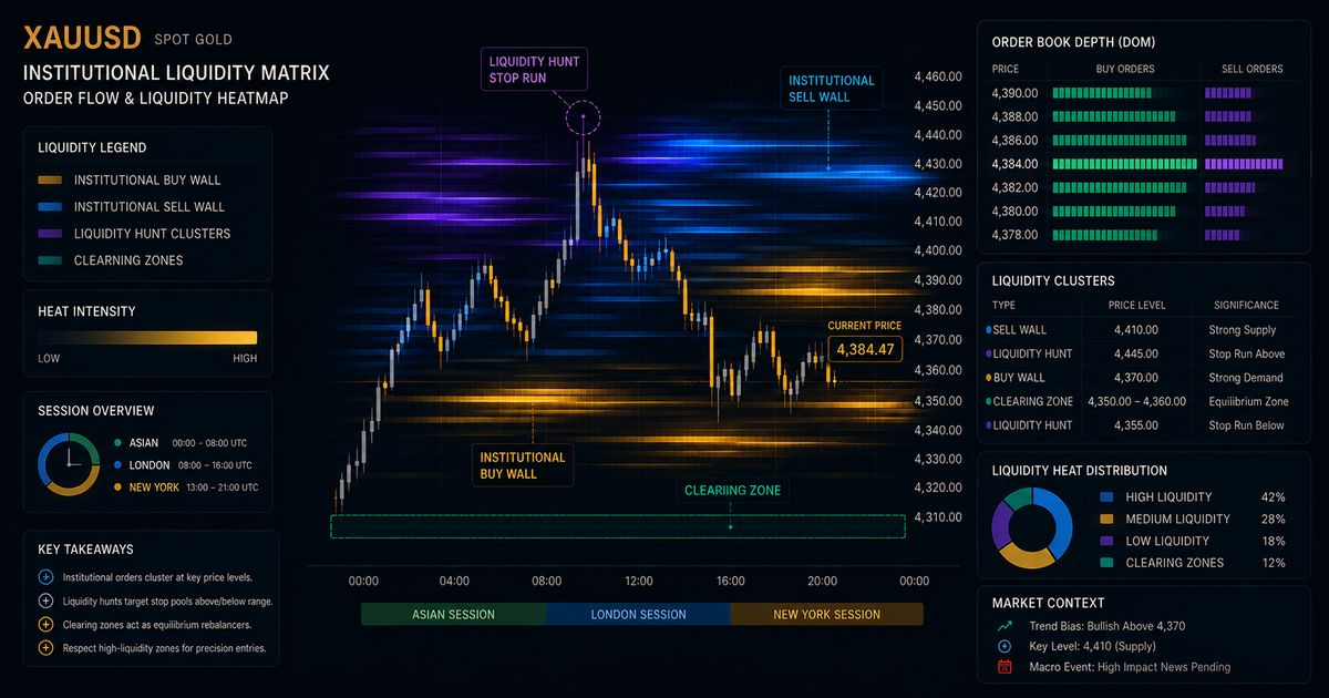 Advanced algorithmic heatmap detailing order book thickness, institutional liquidity hunt clusters, and clearing zones on spot gold.