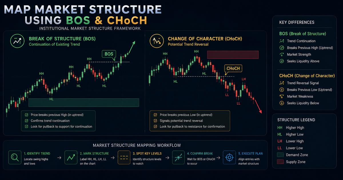 Market structure diagram illustrating the distinct visual and mechanical differences between a Break of Structure (BOS) and a Change of Character (CHoCH).