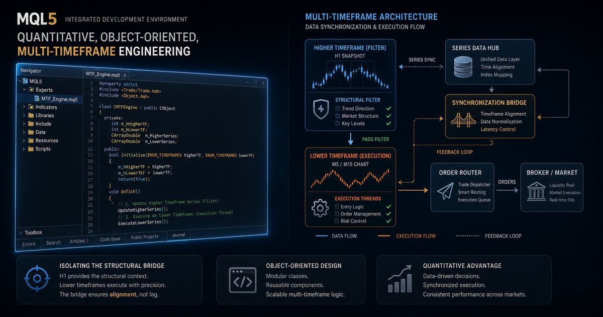 Advanced algorithmic flow map explaining multi-timeframe series data synchronization between higher timeframe filters and lower execution thresholds.