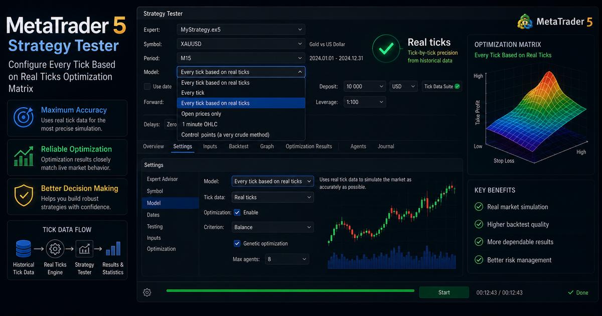 MetaTrader 5 Strategy Tester control layout highlighting the drop-down configurations to select Real Ticks precision.