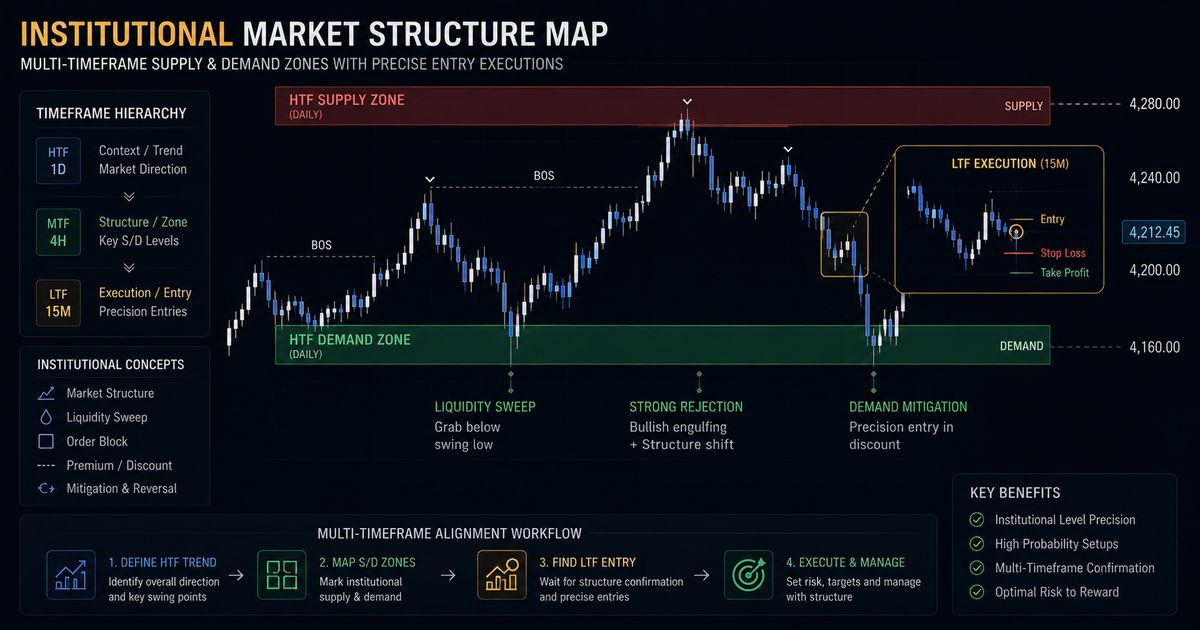 Advanced market structure map illustrating higher timeframe supply/demand zones with nested lower timeframe entry executions.