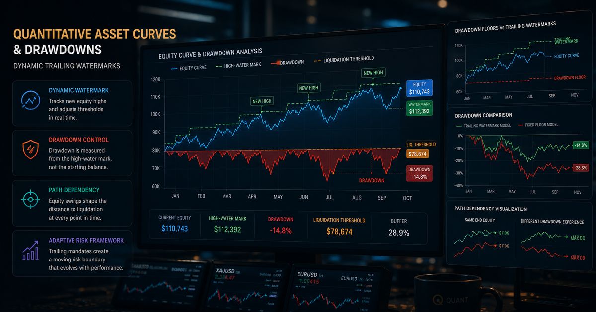 Quantitative data line charts contrasting relative drawdown floor lines with dynamic trailing high-water mark bands.