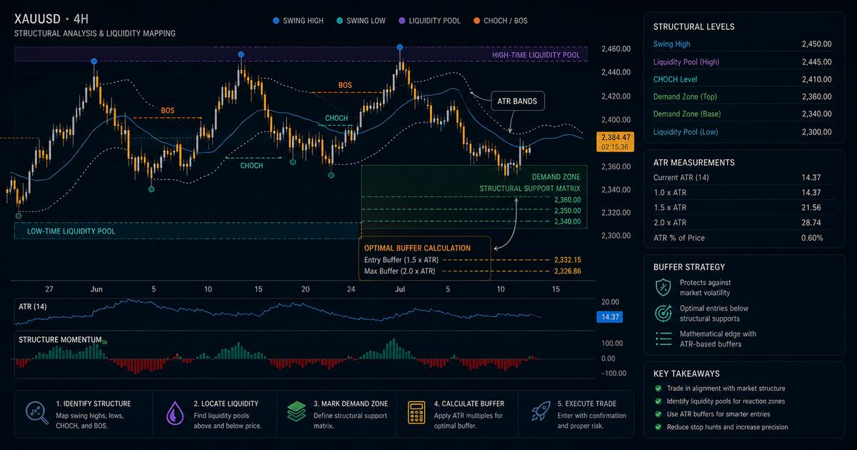 Advanced charting workspace exhibiting structural price levels, demand parameters, and localized ATR measurements.